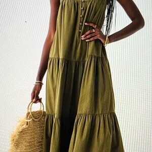 NWT Faherty Military Green Seersucker Casual Dress, Sz L